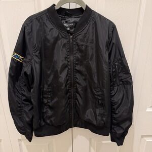New Look Black Bomber Jacket MA-1 Flight Style Zip Front Utility Sleeve Pocket L